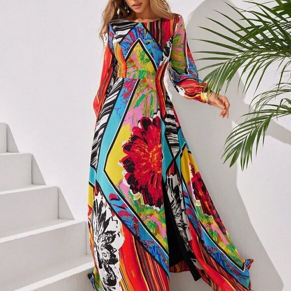 Multicolor Boho Women's Colorful Random Printed Round Neck Long Sleeve - Picture 5 of 6